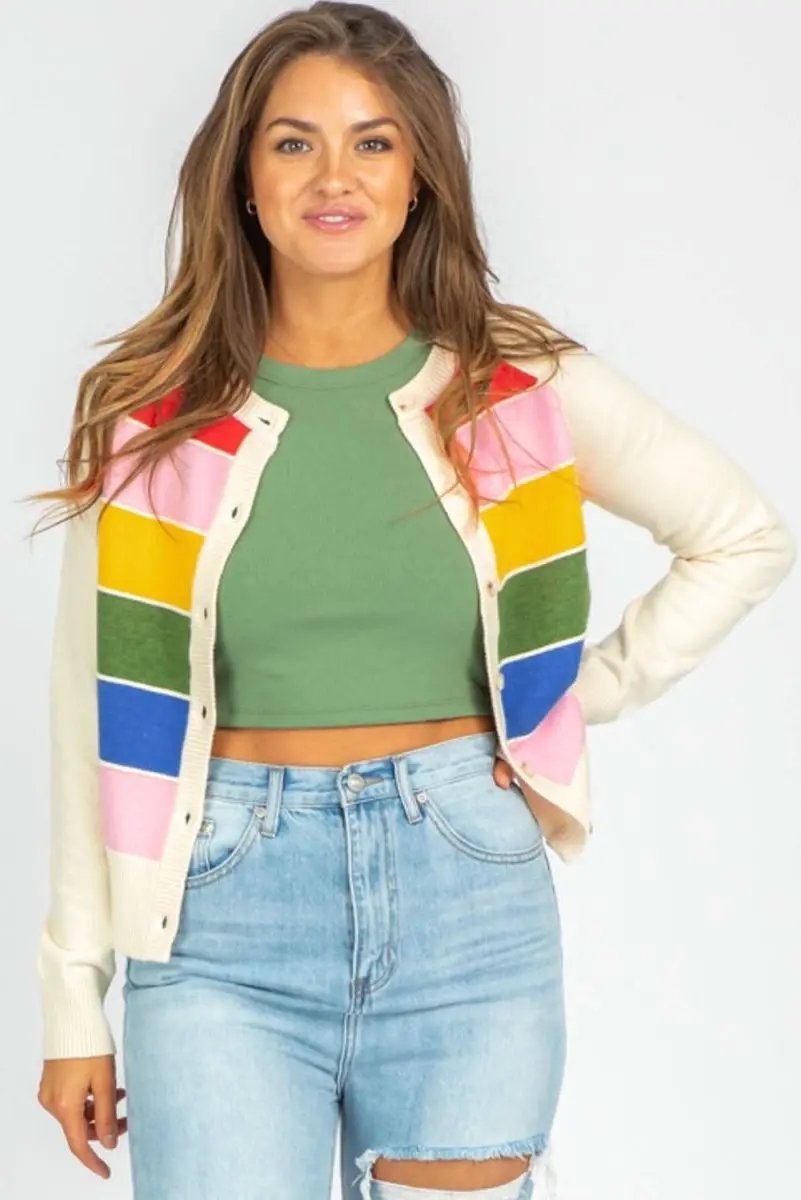 White Stripe Colorful Pattern Button Front Sweater Cardigan - Love Salve